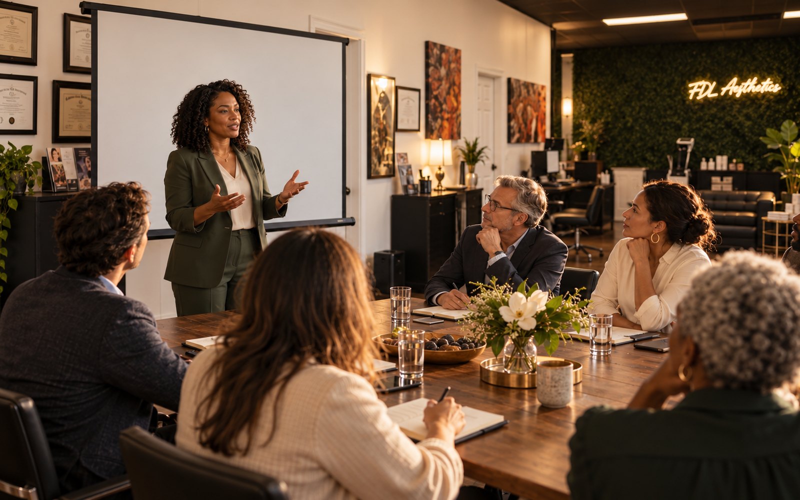 A small group of business owners and HR leaders in discussion at a workplace meeting